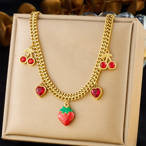 Collier En Acier Inoxydable Plaqué Or Pendentifs Fruits Fraise Cerise Cœur Rouge Style Pastoral Doux Bijoux Pour Femmes