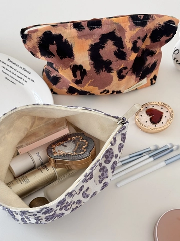 Borsa Trucco Retrò Stampa Leopardata Grande Capacità Cotone Tela Pochette Cosmetica Portatile Organizzatore Viaggio