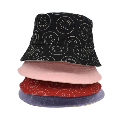 Cappello Alla Pescatora In Cotone Con Viso Sorridente Ricamato Tesa Larga Protezione Solare Traspirante Streetwear Cappello Casual Per Donne