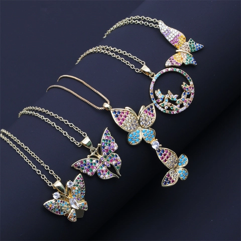 Collar Con Colgante De Mariposa Cobre Chapado En Oro Circonita Cúbica Colorida Estilo INS Regalo De Joyería Para Mujer
