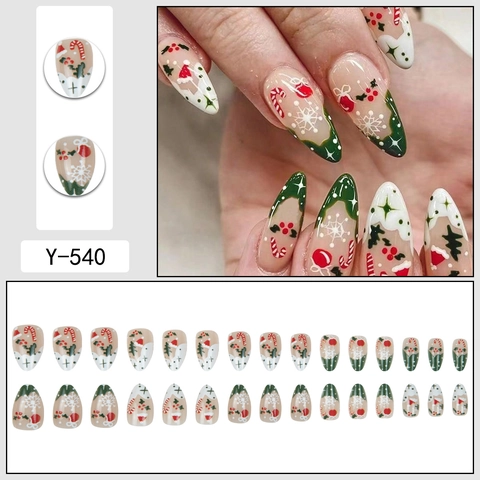 Uñas Postizas De Navidad Brillantes Ovaladas Almendras Copo De Nieve Bastón De Caramelo Árbol De Navidad Manicura De Vacaciones