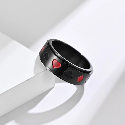 Stainless Steel Spinner Ring Poker Card Pattern Heart Spade Club Diamond Rotatable Stress Relief Jewelry For Men Women
