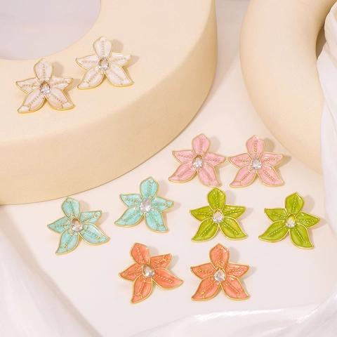 Five Petal Flower Stud Earrings Stainless Steel Enamel 18K Gold Plated Water Drop Zircon For Women Hypoallergenic