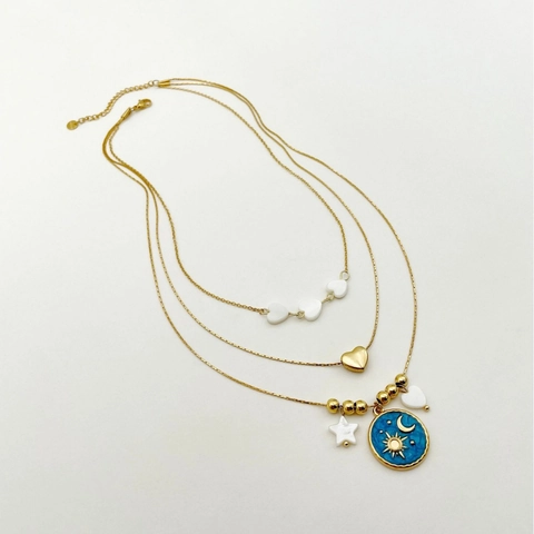 Vintage Gelaagde Roestvrijstalen Ketting Met Zon Maan Ster Emaille Hart Hangers Vergulde Sleutelbeenketting Sieraden Voor Dames