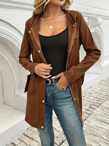 Women Hooded Windbreaker Jacket Polyester Drawstring Waist Zipper Closure Utility Style Pocket Mid Length Casual