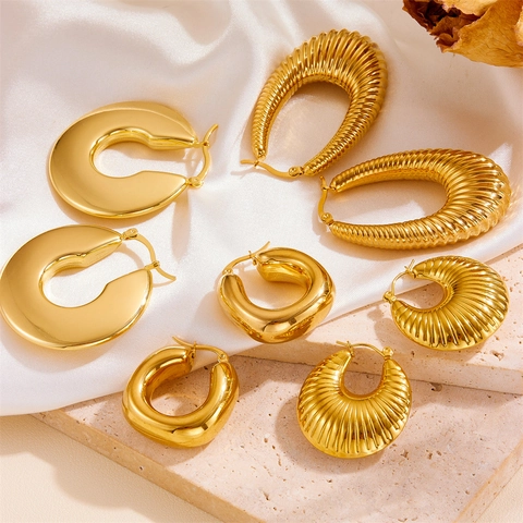 Chunky Hoop Ohrringe 18K Vergoldet Edelstahl Hohl Geometrisch Croissant Schraube Textur Damen Mode Schmuck
