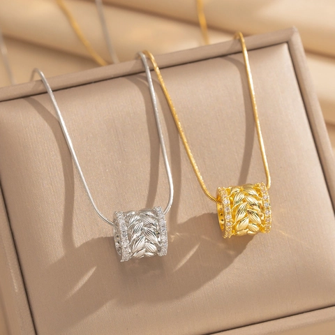 Elegant Wheat Ear Cylinder Pendant Necklace Zirconia Pave Real Gold Plated Titanium Steel Snake Chain Jewelry For Women