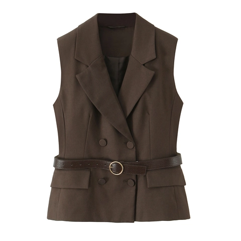 Women Casual Dark Brown Polyester Suit Set Double Breasted Sleeveless Vest Waistcoat With Belt And Straight Leg Pants