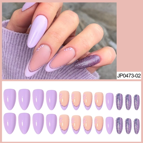 Almond Press On Nails Lavendel French Tip Blume Glitzer Glänzend Maniküre Zubehör