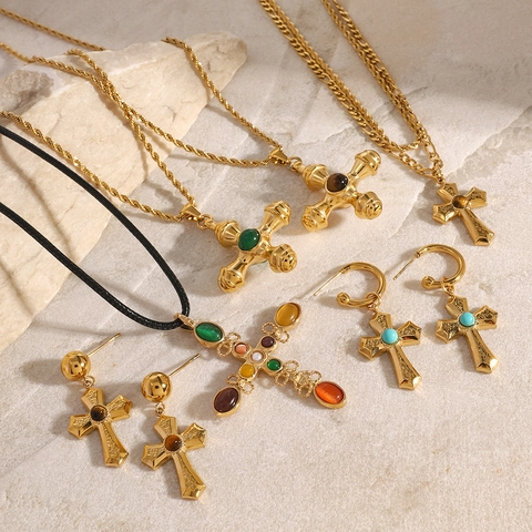 Collar Con Colgante De Cruz Acero Inoxidable Piedra Natural Chapado En Oro De 18K Joyas Religiosas Bohemias Vintage