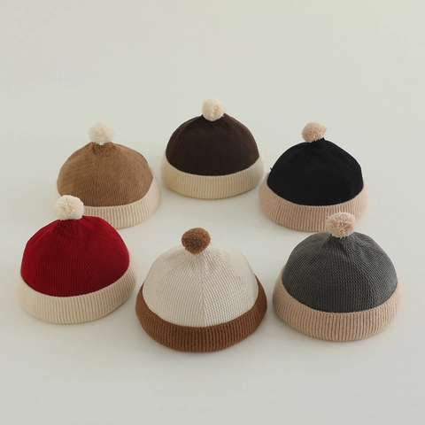 Kids Brimless Beanie Hat Knitted Docker Cap With Pom Pom Warm Winter Adjustable Drawstring Retro Style For Boys Girls