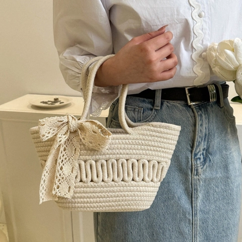 Woven Cotton Rope Handbag With Lace Bowknot Decorative Colorful Pom Poms Summer Beach Casual Tote For Women