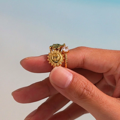 Anillo Abierto Bohemio Para Mujer De Acero Inoxidable Con Motivo De Sol Y Cactus Incrustaciones De Circón Verde Blanco Joyería