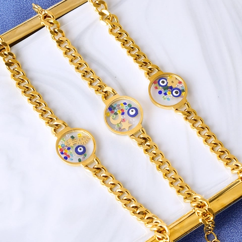 Bracciale in Acciaio Inossidabile con Malocchio per Donna Placcato Oro Ciondolo Rotondo Trasparente Gioielli con Strass