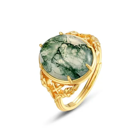 Vintage 925 Sterling Silver Ring 10K Gold Plated Natural Green Moss Agate Adjustable Ring Oval Leaf Pattern Jewelry For Women