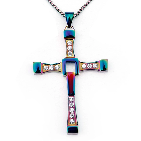 Collana con Pendente a Croce in Acciaio al Titanio da Uomo Hip Hop Streetwear Rotante Intarsiato Strass Gioielli Neri Argento