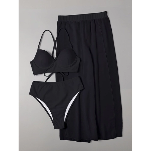 Top De Bikini Braguita De Talle Alto Y Falda De Playa Cover Up Traje De Baño Mujer Poliéster Spandex Color Sólido Sexy