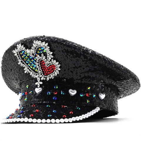 Cappello Da Capitano Paillettes Strass Decorazione Doppio Cuore Performance Stile Militare Per Palcoscenico Festa Nero Regolabile