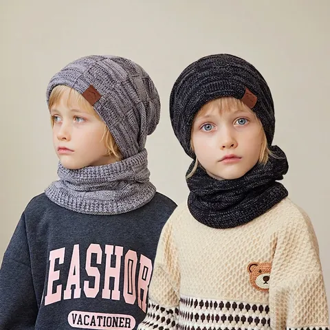 Kids Beanie Hat Neck Warmer Touchscreen Gloves Winter Warm Acrylic Knit Fleece Lined Thermal Windproof Boys Girls