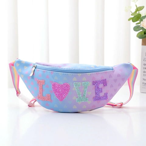 Kids Waist Bag Glitter Sequin LOVE Letter Rainbow Strap Heart Pattern Cute Cartoon Chest Pack For Girls