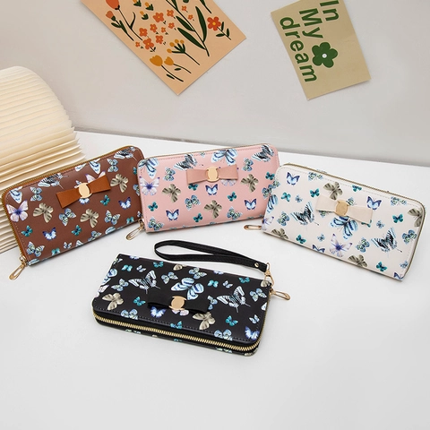 Lange Rits Portemonnee Voor Dames PU Leer Vlinderprint Strik Clutch Met Polsbandje
