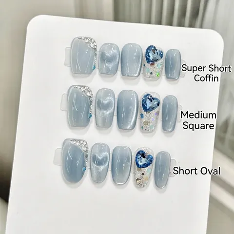 Uñas Postizas Press On Cat Eye Diamantes Imitación Corazón Azul Brillo Hechas A Mano Para Mujeres Niñas Estilo Dulce Y2K