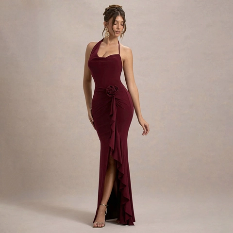 Halter Cowl Neck Maxi Dress With Rose Flower Detail High Slit Ruffle Evening Party Backless Slim Fit Polyester Spandex