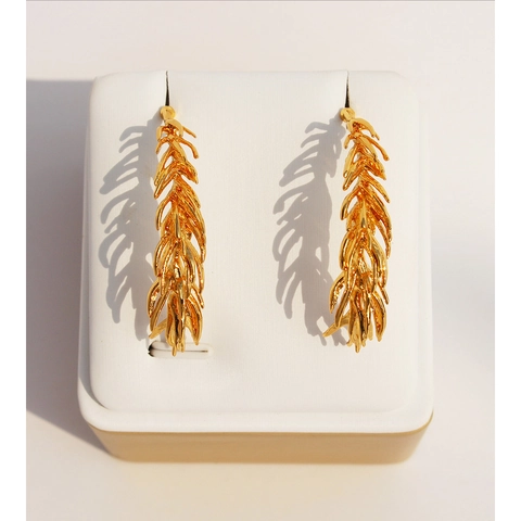 French Retro Gold Wheat Ear Leaf Drop Earrings For Women Brass 3D Tassel Feather Earrings With 925 Sterling Silver Earring Post