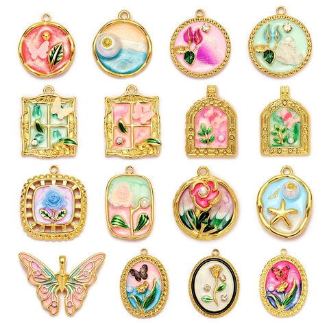 Vintage Olieverfstijl Vlinder Bloem Hart Hangers Roestvrijstalen Emaille Bedels Voor DIY Sieraden Maken