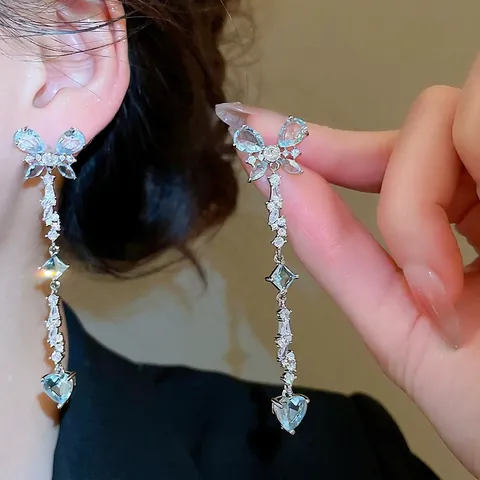 Butterfly Heart Tassel Drop Earrings Copper Zircon With Silver Earring Post Light Blue Elegant Jewelry For Women