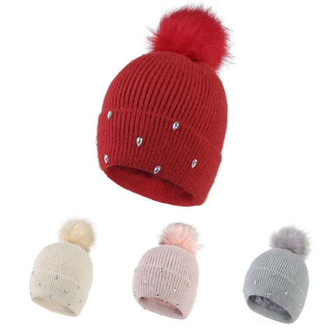 Berretto da Donna Invernale in Maglia Ispessita Con Pompon in Pelliccia Sintetica Decorato Con Strass Caldo Cappello per Donna