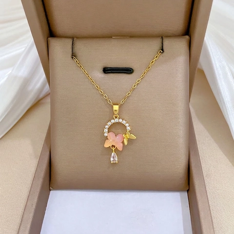 Butterfly Pendant Necklace Pink Crystal Artificial Pearl Stainless Steel Chain Copper Micro Inlaid Elegant Jewelry For Women