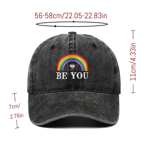 Casquette De Baseball En Coton Lavé Broderie Arc-En-Ciel Be You Rétro Réglable Pare-Soleil Casquette Pour Extérieur Quotidien