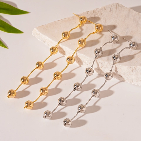 Orecchini Lunghi A Goccia Con Sfera E Perno In Argento 925 Rame Lucido Gioielli Geometrici Con Nappa Da Donna