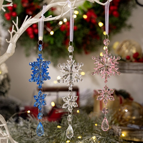 Ornement Suspendu pour Sapin de Noël Flocon de Neige en Acrylique Stalactite Rose Bleu Transparent avec Pendentif Goutte