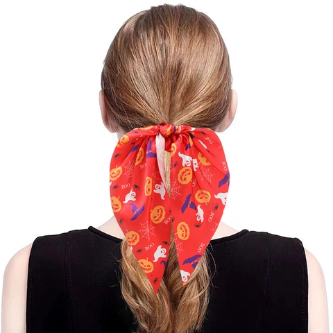 Halloween Hair Scrunchies With Streamers Satin Fabric Pumpkin Ghost Print Bowknot Hair Ties Party Accessories For Women