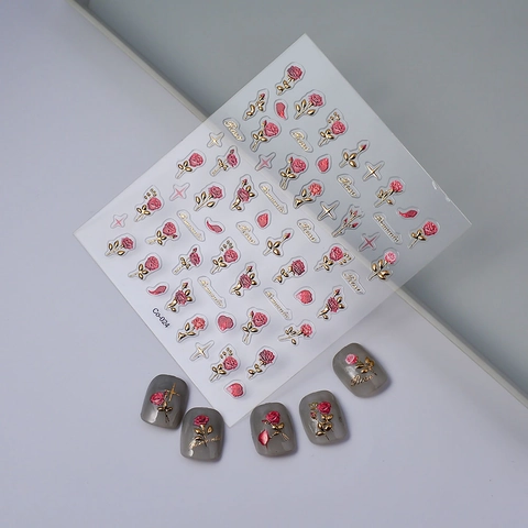 Autocollants Ongles Relief Auto Adhésifs Rose Florale Géométrique Argyle Vintage Élégant Décoration Manucure Femmes