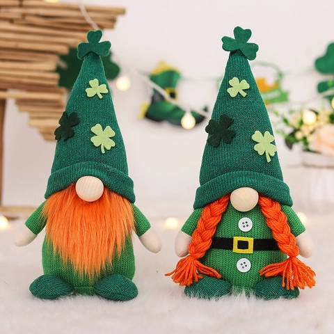 St Patrick's Day Kabouters Groene Ierse Klaver Gebreide Gezichtloze Pluche Poppen Oranje Baard Vlechten Decoratie