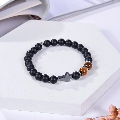 Bracciale Di Perle In Pietra Naturale Con Pendente A Croce Onice Opaca Occhio Di Tigre Elastico Regalo Religioso Unisex