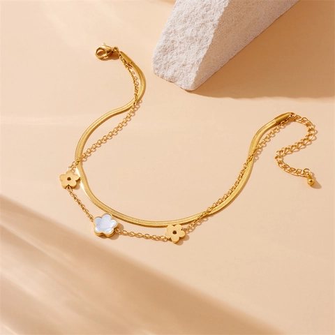 Double Layer Stainless Steel Anklet With White Shell Butterfly Flower Pendants Snake Chain Minimalist Jewelry For Women