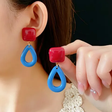 Orecchini Pendenti Geometrici Blocchi Di Colore Resina Quadrato Goccia D'acqua Retro Chic Gioielli Donne Perno Argento O Clip