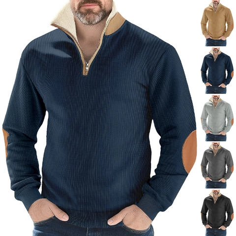 Men Partial Zip Pullover Sweatshirt Stand Collar Fleece Lined Elbow Patches Long Sleeve Casual Vintage Top