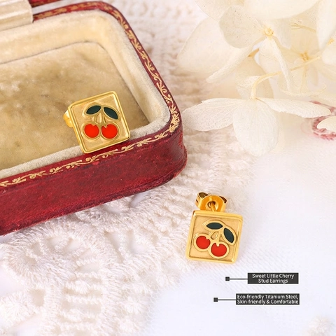 French Trendy Square Stud Earrings Titanium Steel 18K Gold Plated Enamel Red Cherry Pattern Jewelry For Women