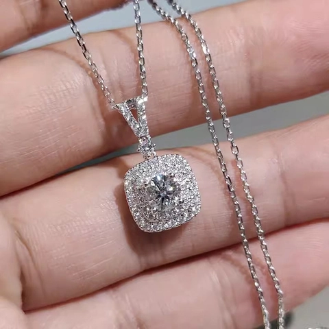 Quadratischer Halo Anhänger Halskette Und Ohrringe Kupfer Zirkonia Glänzend Braut Hochzeit Eleganter Schmuck Damen