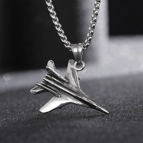 Fighter Jet Pendant Necklace Stainless Steel 3D Military Aircraft Punk Style Jewelry For Men