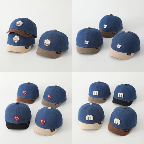 Toddler Denim Baseball Cap Cotton Patchwork Short Brim Cartoon Bear Heart Letter Embroidery Adjustable Sun Hat