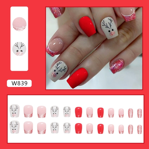 Uñas Postizas Cortas Ballet Navidad Reno Alce Patrón Rojo Rosa Blanco Brillo Lindo Francés Arte De Vacaciones Para Mujeres