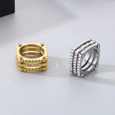 Mechanical Gear Ring Stainless Steel Cubic Zirconia Inlaid Multi Layer Rivet Punk Industrial Geometric Jewelry For Men