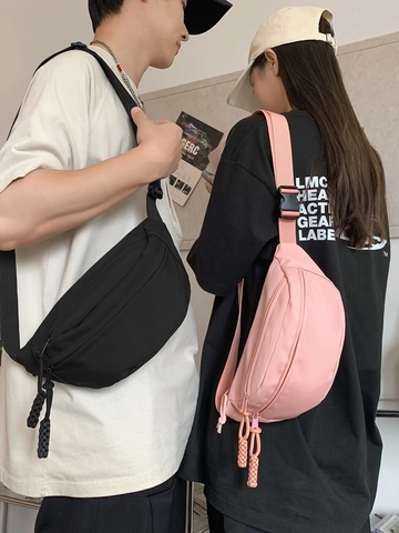 Unisex Waist Bag Canvas Nylon Chest Crossbody Sports Bag With Braided Rope Zipper Pulls Adjustable Strap Casual Streetwear