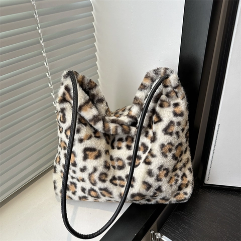 Leopard Print Kunstpelz Shopper Tasche Große Kapazität Plüsch Schultertasche Weich Warm Herbst Winter Mode Für Damen